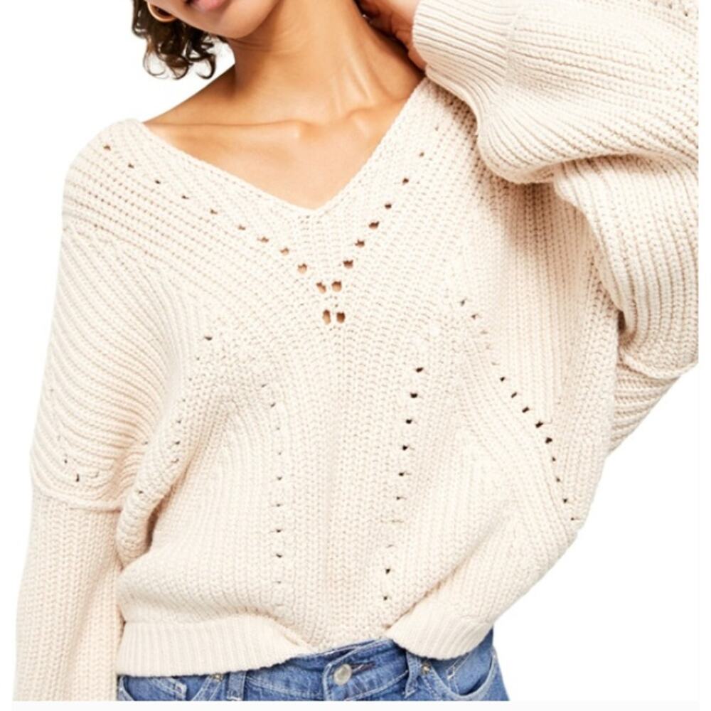 Free People SZ S All Day Long V Sweater Sand OB1059892 Chunky Fisherman - Picture 3 of 7